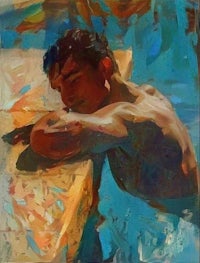 a painting of a man in a swimming pool