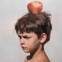 a painting of a boy with an apple on his head