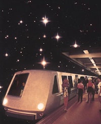 a train in a station with stars in the sky