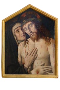 a painting of jesus holding a woman