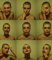 a collage of different faces of a woman with a shaved head